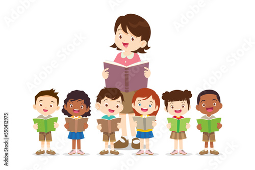 happy teacher with Boy and girls learning or studying