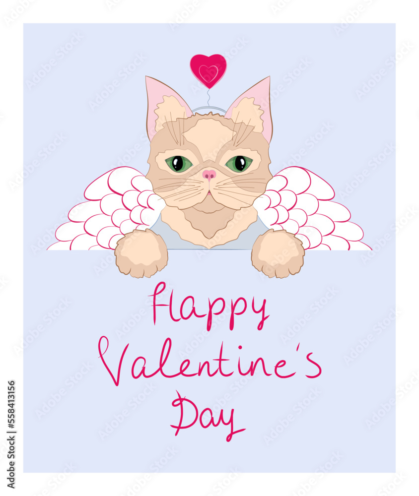 Valentine's card with a cat, drawn in a cartoon style.