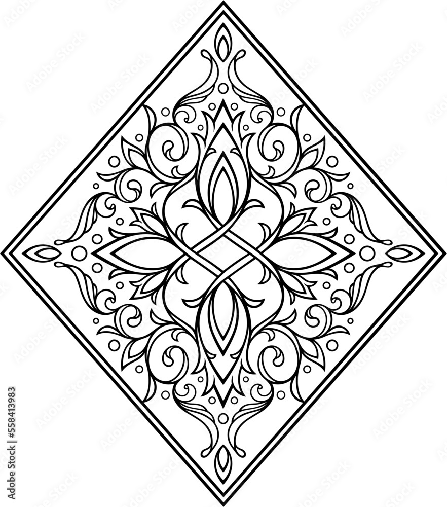 Stylized contour Victorian Gothic ornament diamond shape. Tattoo, ornamental design element, for mehndi Stylized contour Victorian Gothic ornament diamond shape. Tattoo, ornamental design element, for mehndi