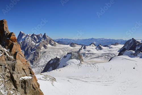Viewpoint from the Aiguille du Midi which is a 3,842-metre-tall mountain in the Mont Blanc massif within the French Alps