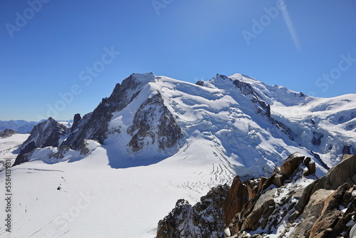 Viewpoint from the Aiguille du Midi which  is a 3 842-metre-tall mountain in the Mont Blanc massif within the French Alps