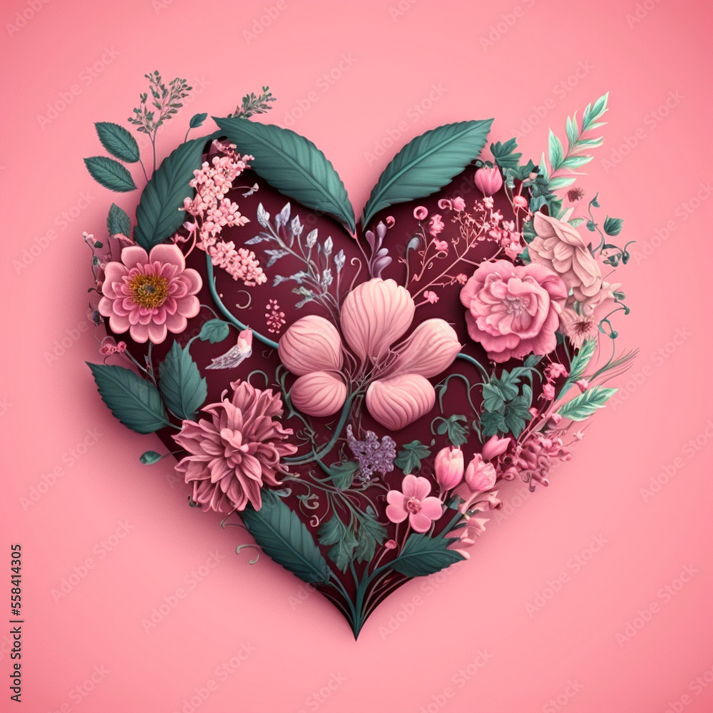 Fototapeta premium Floral heart. Heart of flowers. Wedding card. Love symbol on pink background. Valentine poster