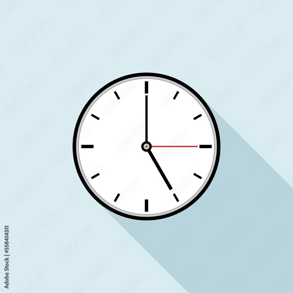 Clock icon design. Vector office clock icon with shadow. Five o'clock. Clock icon design. Vector office clock icon with shadow. Five o'clock.
