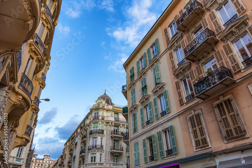 Old Architecture Apartment homes in Downtown Nice, France. Sunny Cloudy Day. © edb3_16