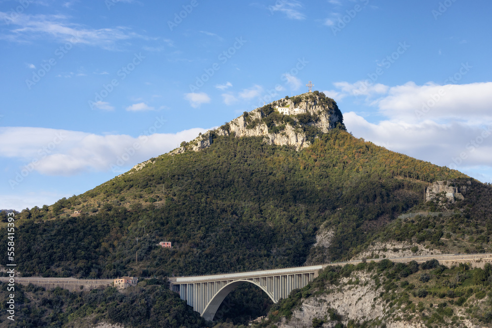 Bridge over the mountain valley on hill in Salerno, Italy. Sunny Cloudy Morning