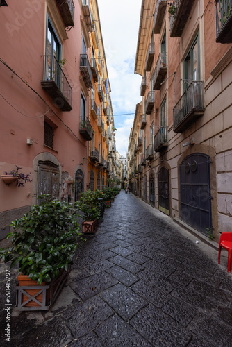 Fototapeta Naklejka Na Ścianę i Meble -  Old Urban Streets in a Downtown city of Salerno, Italy. Sunny and Cloudy Day.