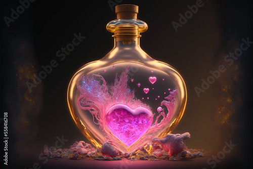 Love philter. Heart-shaped glass potion bottle with gold ornaments, filled with a heart, isolated. For Valentine's day or wedding. Generative ai.
