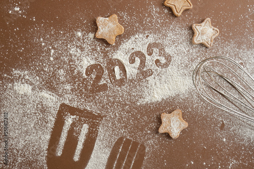 Bakery background. whisk, Spatula and flour