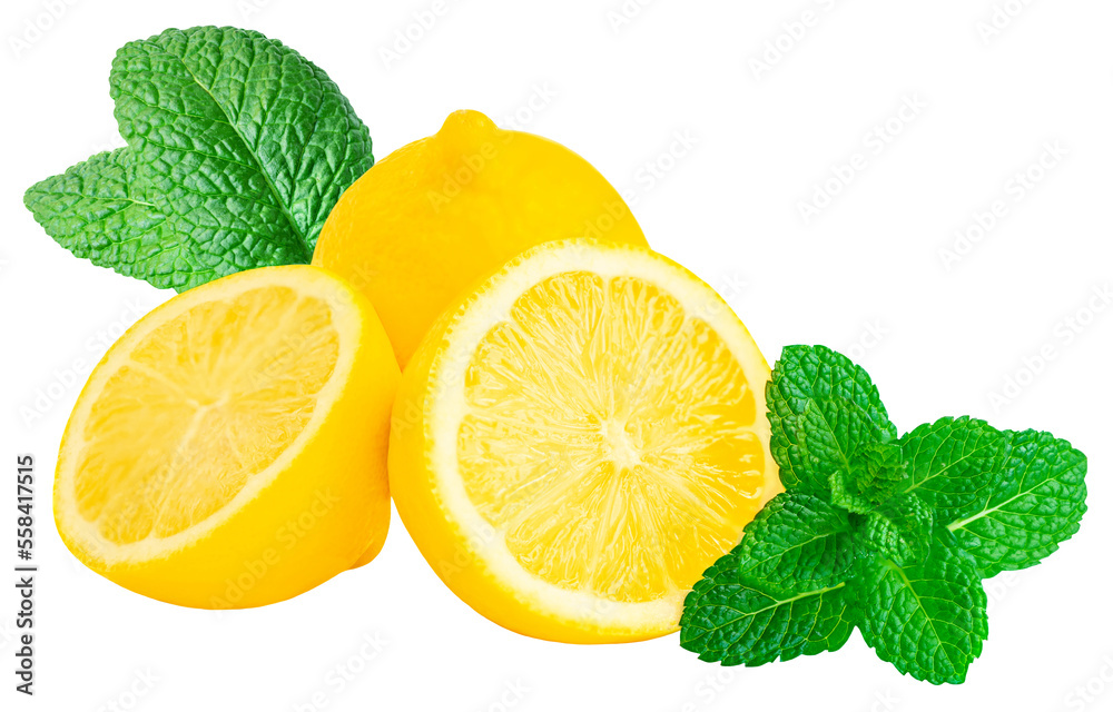 Fresh lemon with green mint leaves isolated on white background. Lemon fruit closeup. Fresh lemon with green mint leaves isolated on white background. Lemon fruit closeup.