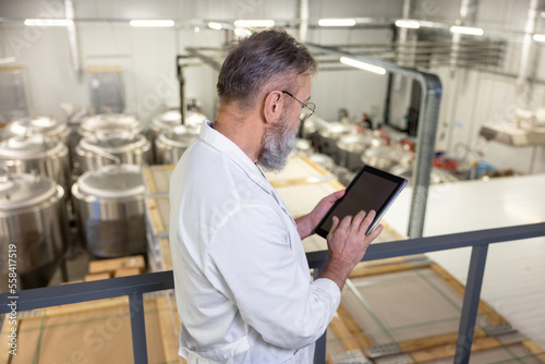 Technologist using a digital device in a factory