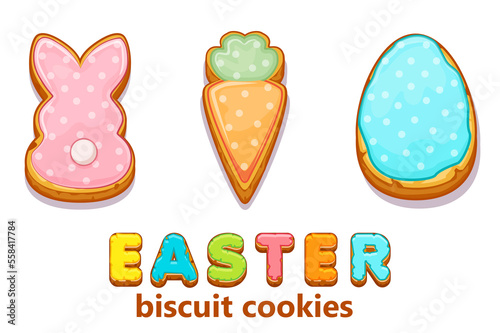 Happy Easter with cute bunnies and egg biscuit cookies
