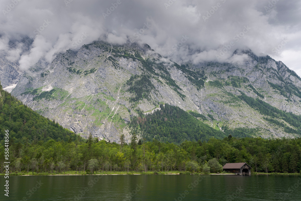 Log cabin by the Königssee, a natural lake in the extreme southeast Berchtesgadener Land district of the German state of Bavaria, near the Austrian border.