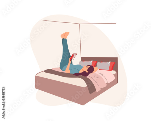 A young woman is lying on the bed, legs up and reading a book. flat illustration