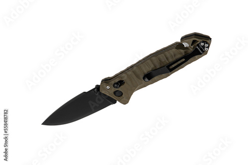 Pocket folding knife with sling cutter and cullet. Compact metal sharp knife with a black folding blade. Isolate on a white back.