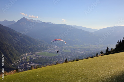 view of a paragliding in the Haute-Savoie region in France
