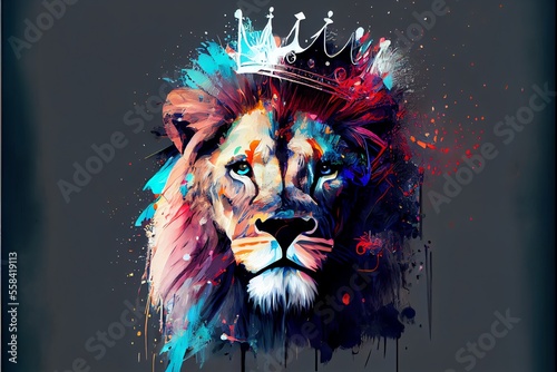 Abstract painting concept. Colorful art of a lion with a crown. Generative AI