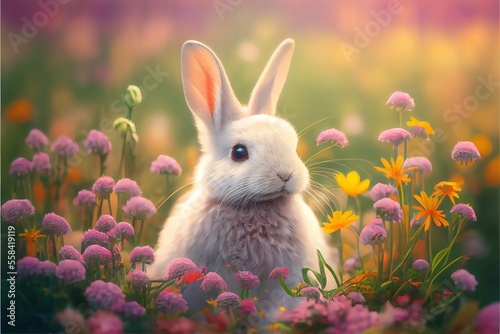 Cute Easter Bunny in a Field of Flowers. Generative AI
