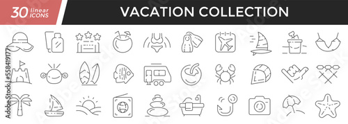 Vacation linear icons set. Collection of 30 icons in black