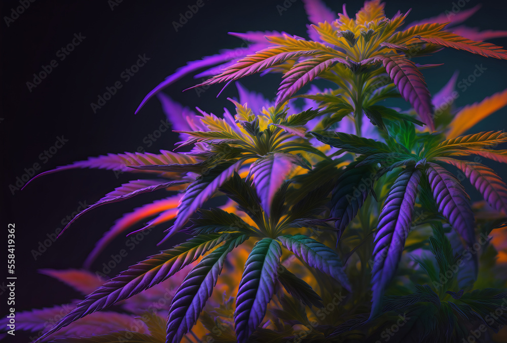 Cannabis marijuana leaf with purple lighting. Generative ai Cannabis marijuana leaf with purple lighting. Generative ai
