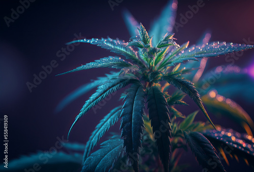 Cannabis marijuana leaf with purple lighting. Generative ai