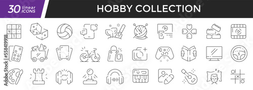 Hobby linear icons set. Collection of 30 icons in black