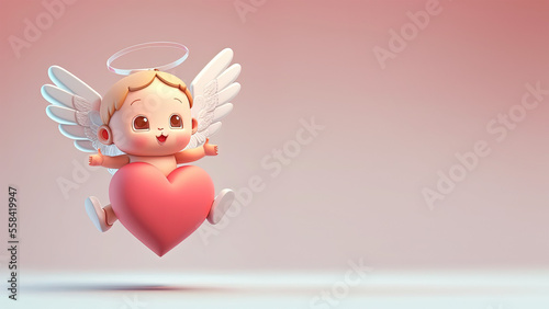 Cute Cupid Angel with heart Valentine with space for promotional, ratio 16:9 photo