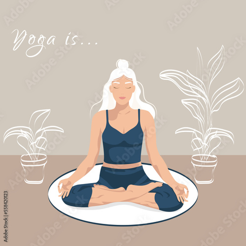 Relaxing, calm woman training yoga lotos asana, vector illustration