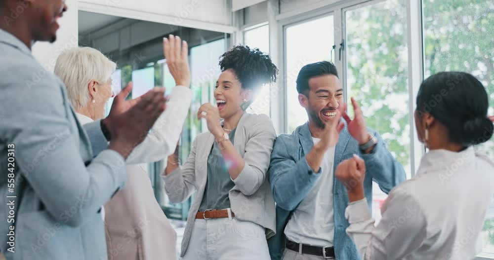 Celebration, hand stack and happy business people celebrating successful teamwork or collaboration. Happiness, celebrate and corporate team cheering for success, achievement or goal in the office.