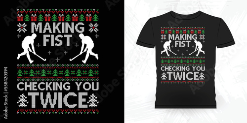 Christmas Lover Funny Sports Hockey Player Gift Retro Vintage Hockey T-shirt Design 