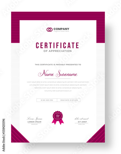 Abstract Clean professional red certificate of appreciation template. diploma modern certificate with badge. Elegant business diploma layout for training graduation or course completion.