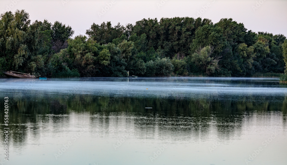 lake in the forest at sunset