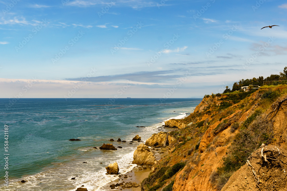 El Matador Beach along the East Pacific Coast Highway in Malibu California. The beach is a collection cliff-foot beaches and bluff top view of the eroding formations, sea stacks, caves and arches. 