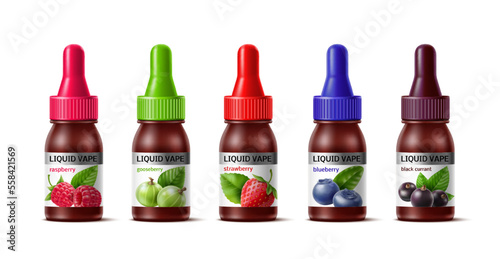 Realistic vaping tastes. Fruit flavours, packaging and label design, vaporizer liquids in bottles, various fragrances, blueberry cherry and raspberry, 3d isolated elements, utter vector set