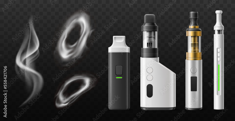 Smoke rings vape. Realistic steam jet, electronic cigarettes and hookahs, aromatic vaporizers, disposable and rechargeable, smoking accessory, 3d isolated elements, utter vector e-cigarette set Smoke rings vape. Realistic steam jet, electronic cigarettes and hookahs, aromatic vaporizers, disposable and rechargeable, smoking accessory, 3d isolated elements, utter vector e-cigarette set