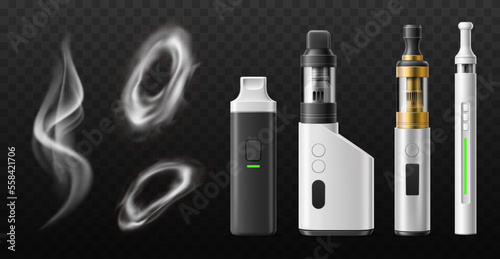 Smoke rings vape. Realistic steam jet, electronic cigarettes and hookahs, aromatic vaporizers, disposable and rechargeable, smoking accessory, 3d isolated elements, utter vector e-cigarette set