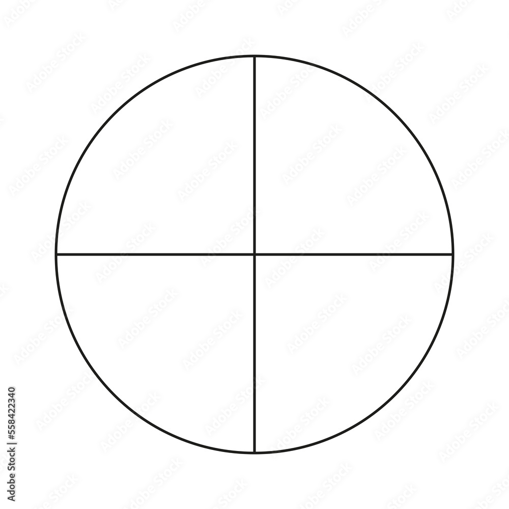 Circle divided in 4 segments. Pizza or pie round shape cut in equal slices. Outline style. Simple chart. Circle divided in 4 segments. Pizza or pie round shape cut in equal slices. Outline style. Simple chart.