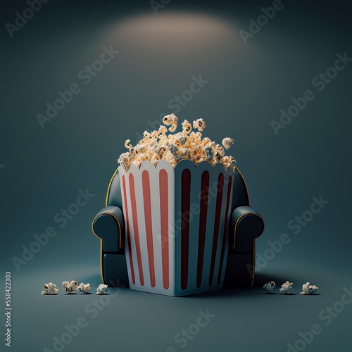3d render of a classic striped popcorn box standing on cinema seat. Concept for box office movies and streaming services photo