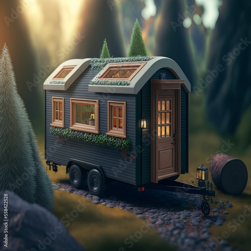 3d render of a cute wooden tiny house on wheels in the woods. Concept for small house movement, living with less, eco-friendly living solution. photo