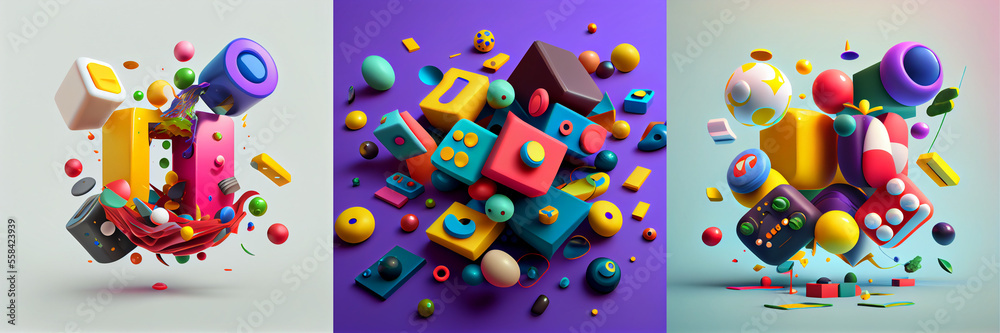 Colorful isolated 3d elements illustration. explosion of geometric figures, collection Colorful isolated 3d elements illustration. explosion of geometric figures, collection