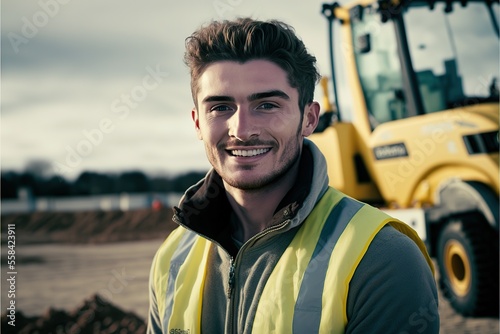 Happy man in a safety vest on a construction site with a machine in background generative ai