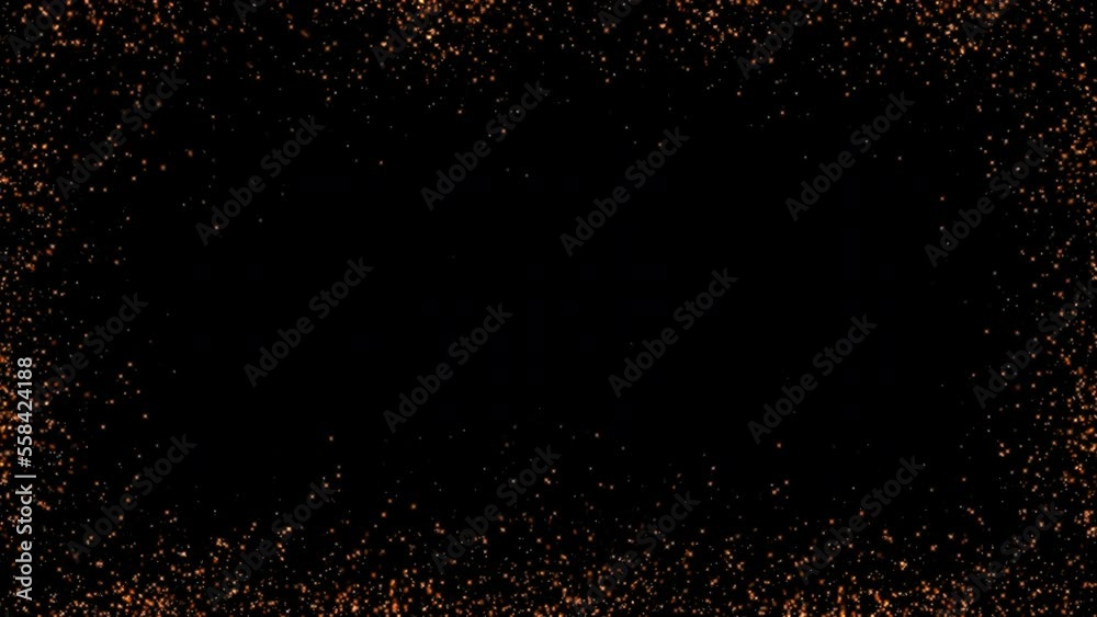 Golden fire sparks isolated on black background. Award money glitter particle frame, 4k resolution.