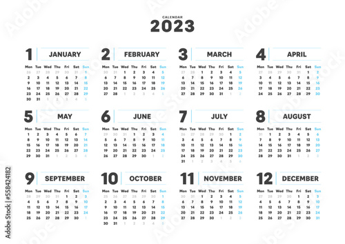 2023年のシンプルな年間カレンダー - 月曜始まり･12ヶ月･1年分の暦 - A4比率
