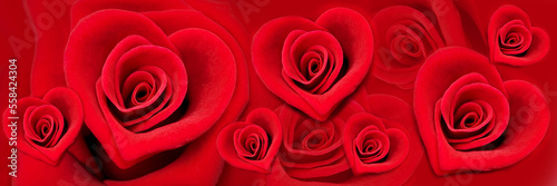 Red roses in the shape of a heart  panoramic Love and Valentine s day web banner