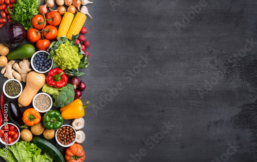 Healthy eating ingredients  fresh vegetables  fruits and superfood. Nutrition  diet  vegan food concept
