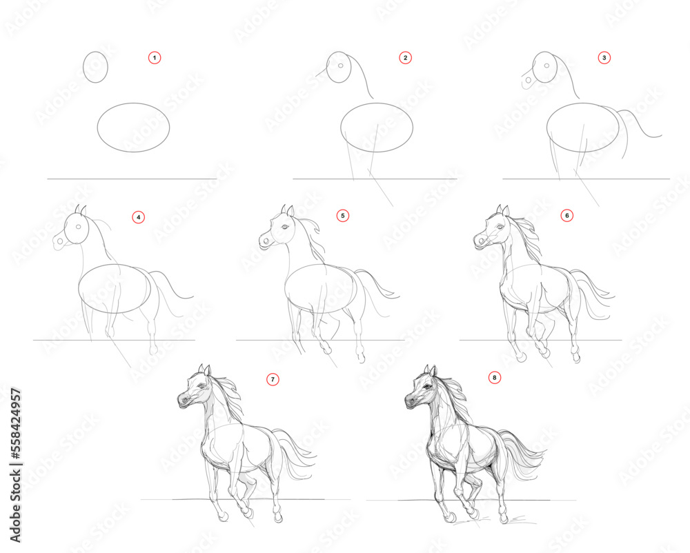 Page shows how to learn to draw sketch of running horse Pencil drawing