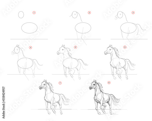 Page shows how to learn to draw sketch of running horse. Pencil drawing lessons. Educational page for artists. Textbook for developing artistic skills. Online education. Vector image. photo