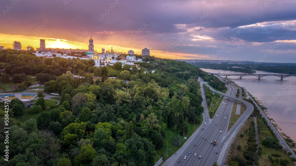 aerial city view at sunset. Kyiv, Ukraine