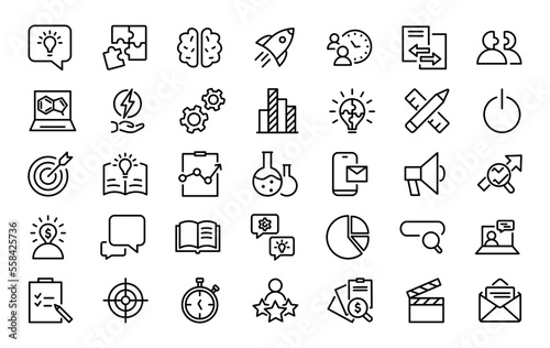 Set of 35 creativity icons in line style. Inspiration, idea, creative, innovation and brainstorming. Vector illustration.