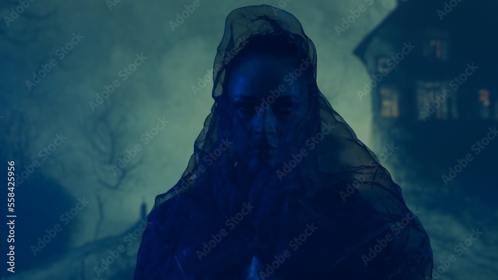 Beautiful witch making the witchcraft over the smoky background at night. Scary house on the hill. Halloween image.