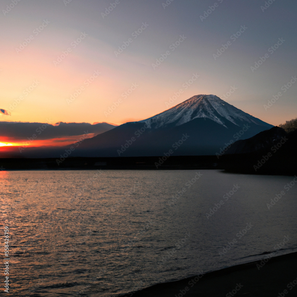 Le Mont Fuji rougeoyant au coucher du soleil